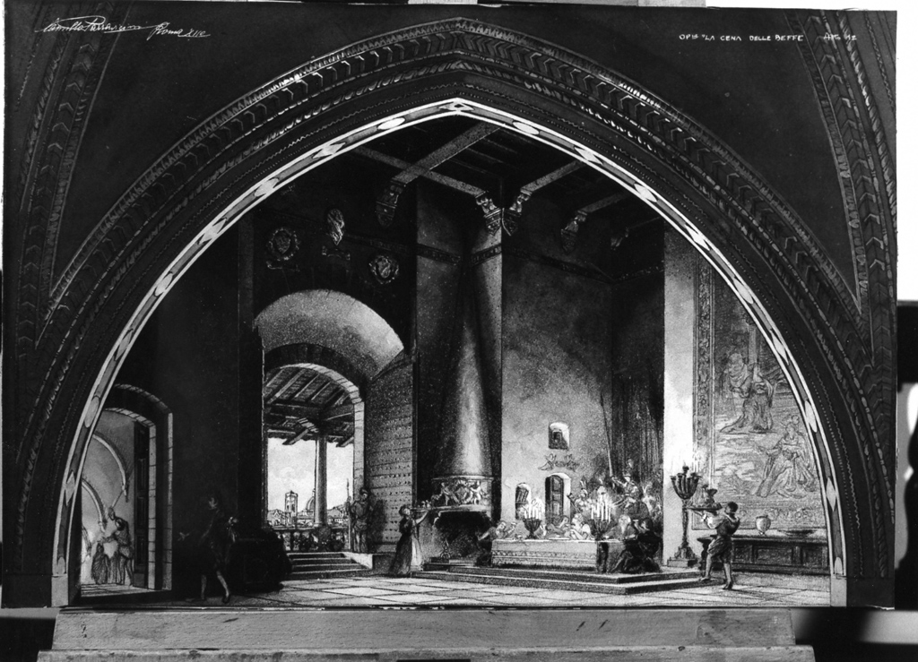 interno di una sala di palazzo (dipinto) di Parravicini Camillo (sec. XX)