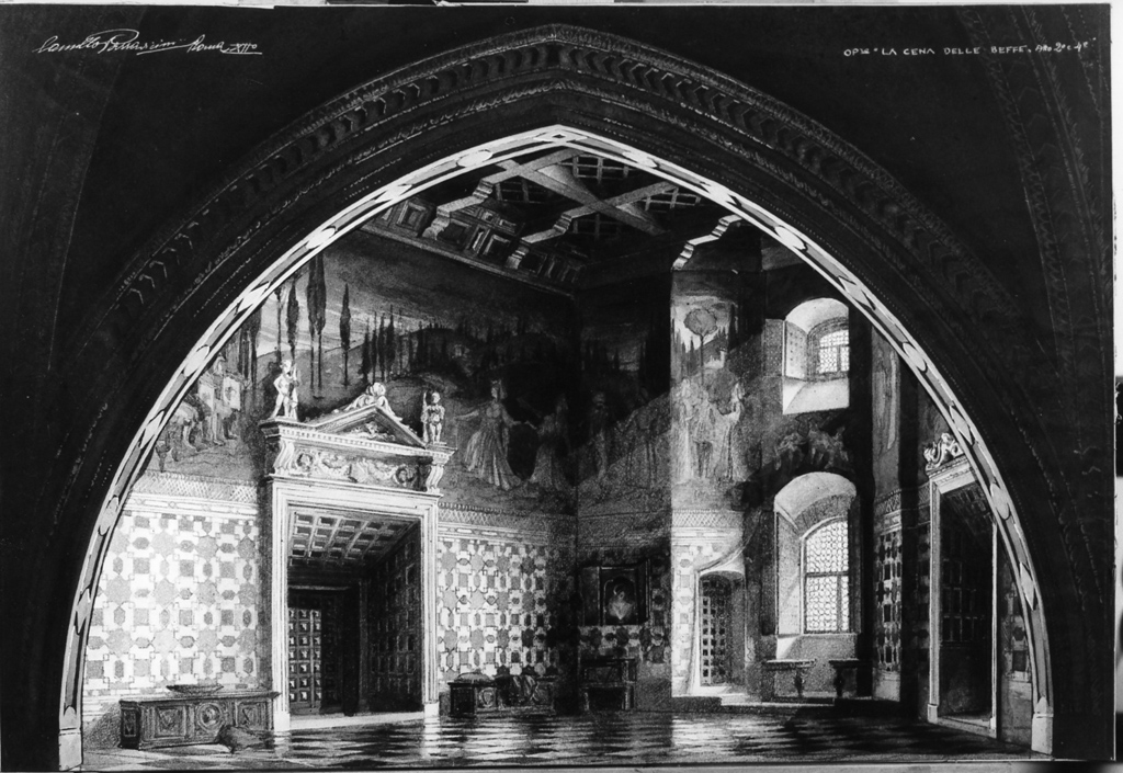 sala di palazzo, anticamera di Ginevra (dipinto) di Parravicini Camillo (sec. XX)