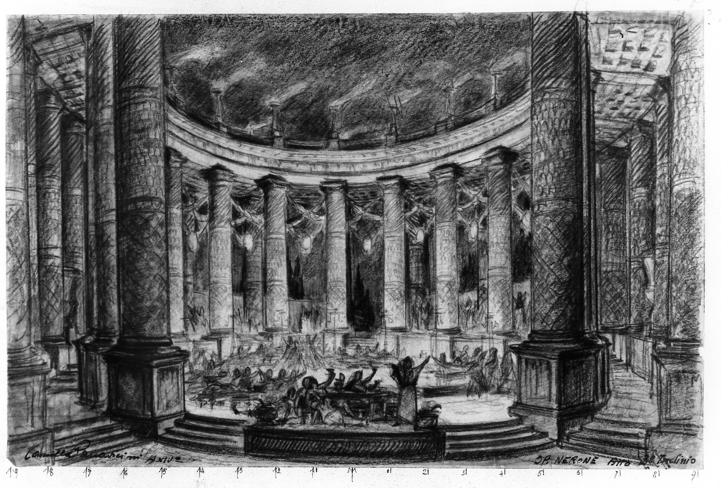 sala circolare con colonnato (dipinto) di Parravicini Camillo (sec. XX)