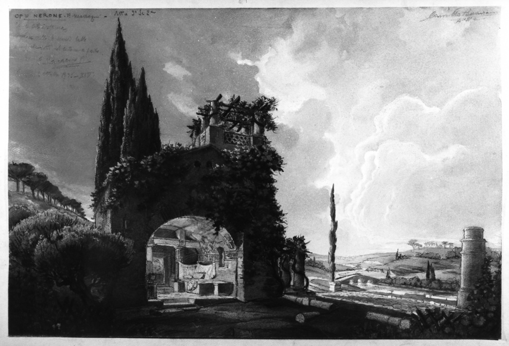 paesaggio con ruderi (dipinto) di Parravicini Camillo (sec. XX)