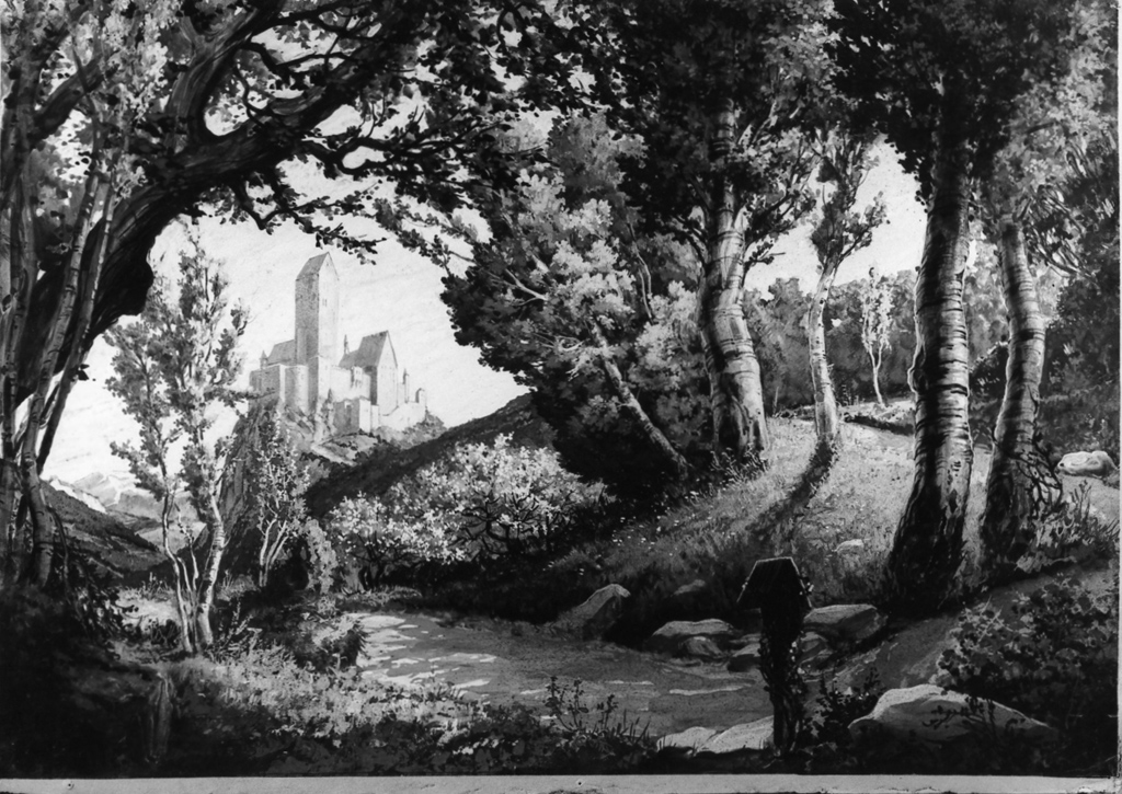 paesaggio boschivo con veduta di castello (dipinto) di Parravicini Camillo (sec. XX)