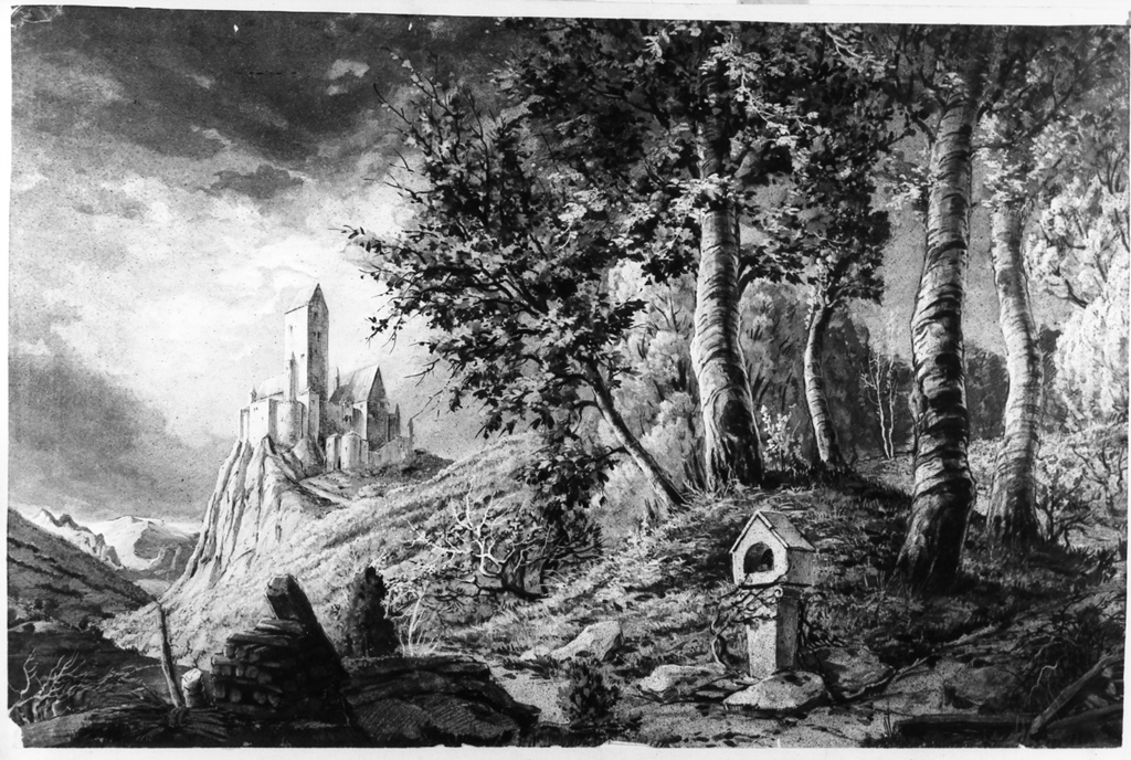 paesaggio con vallata ai piedi del castello (dipinto) di Parravicini Camillo (sec. XX)