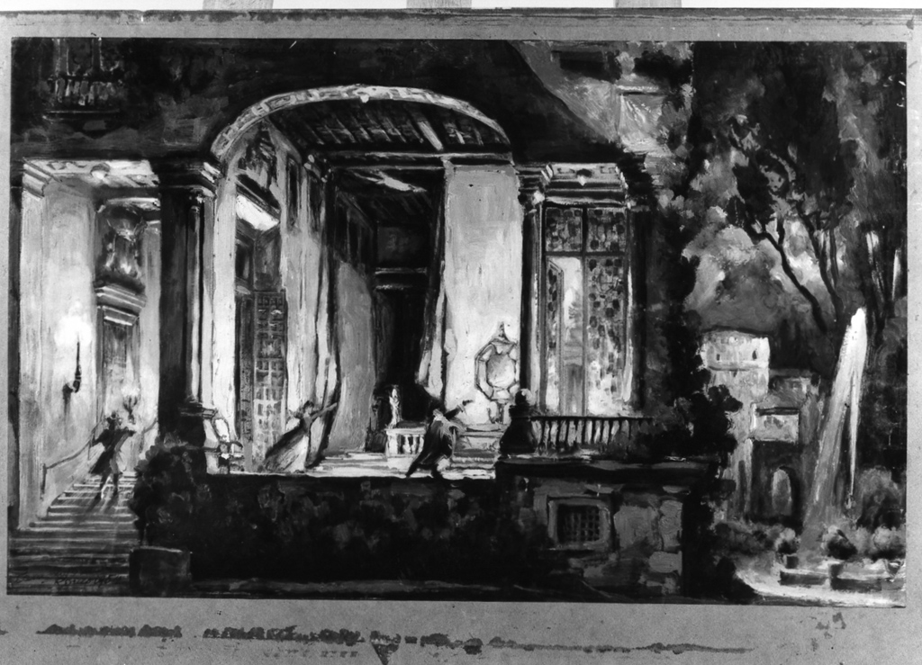 scorcio dell'interno della casa di Leonora (dipinto) di Parravicini Camillo (sec. XX)