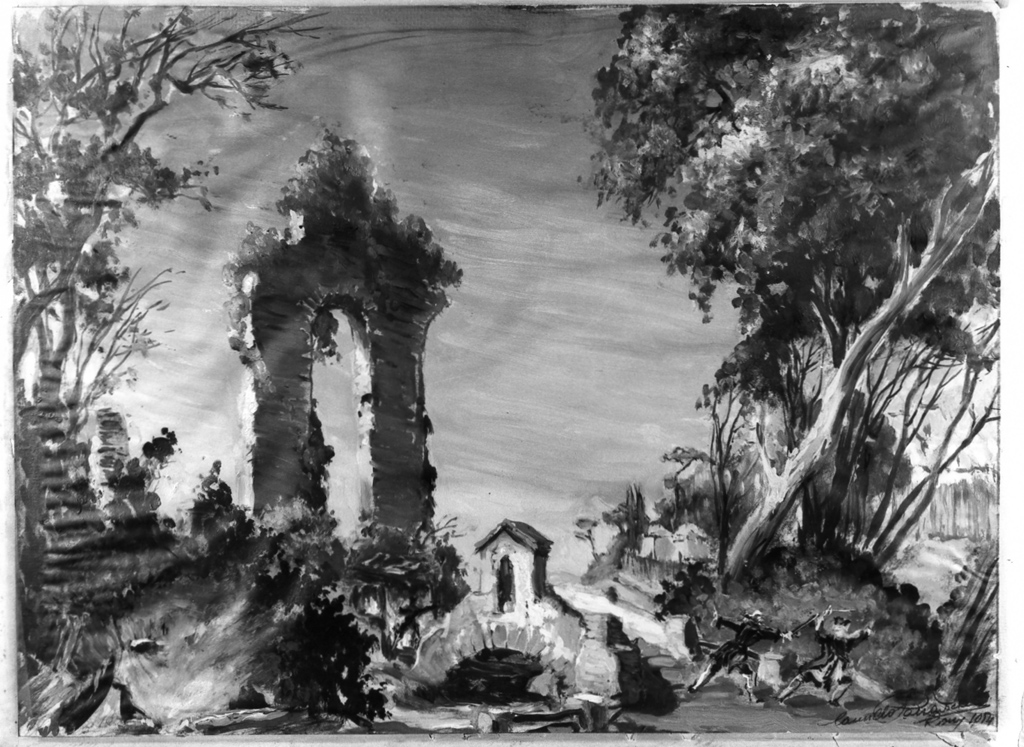 paesaggio con ruderi (dipinto) di Parravicini Camillo (sec. XX)