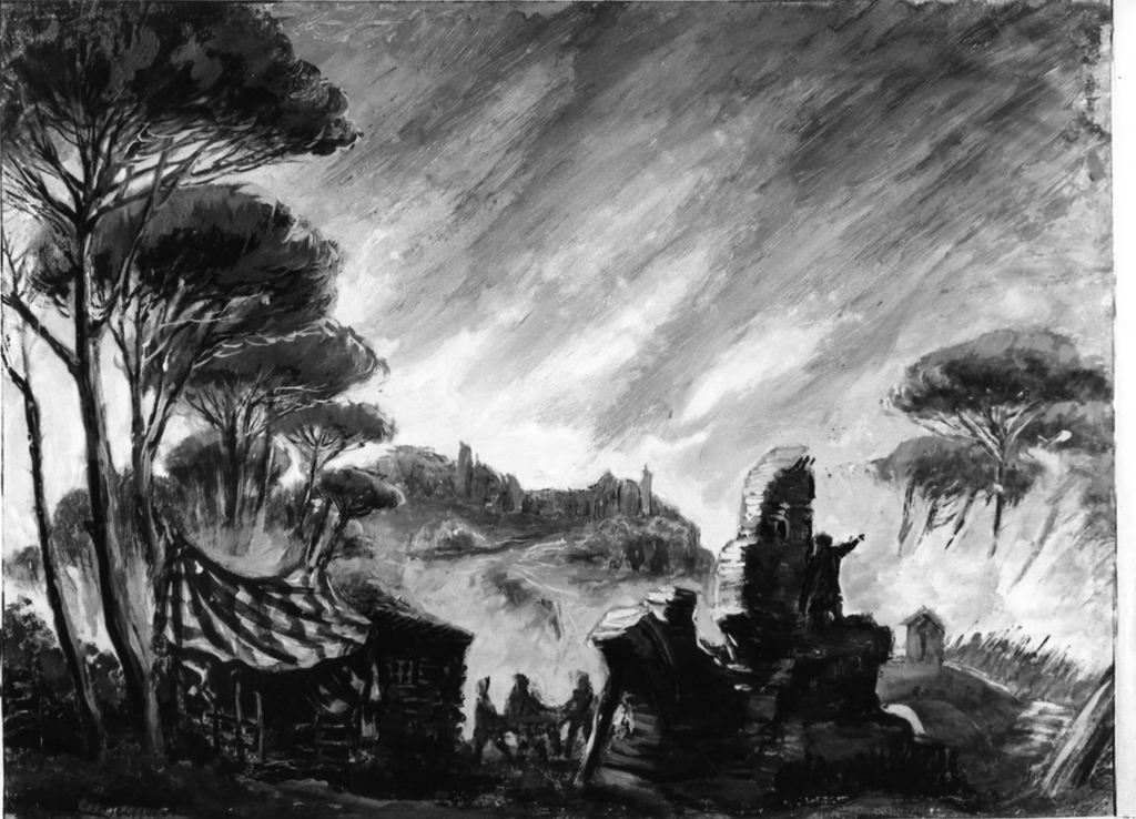 paesaggio con casupola e rudere (dipinto) di Parravicini Camillo (sec. XX)