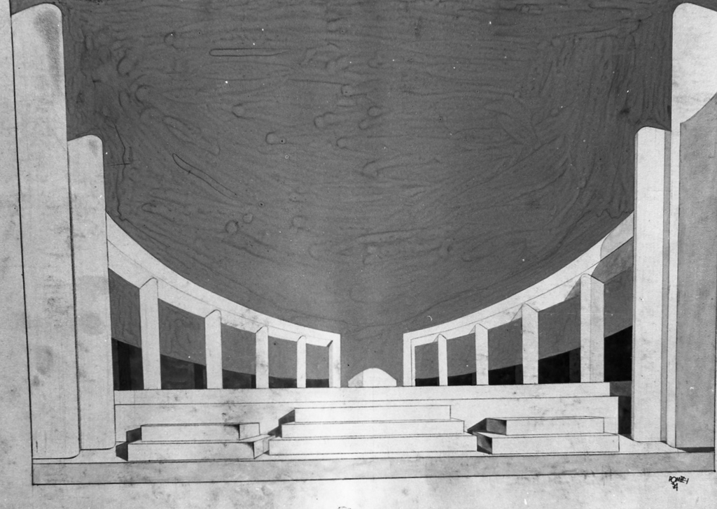 scalinata che conduce a due file di colonne (dipinto) di Pompei Mario (sec. XX)