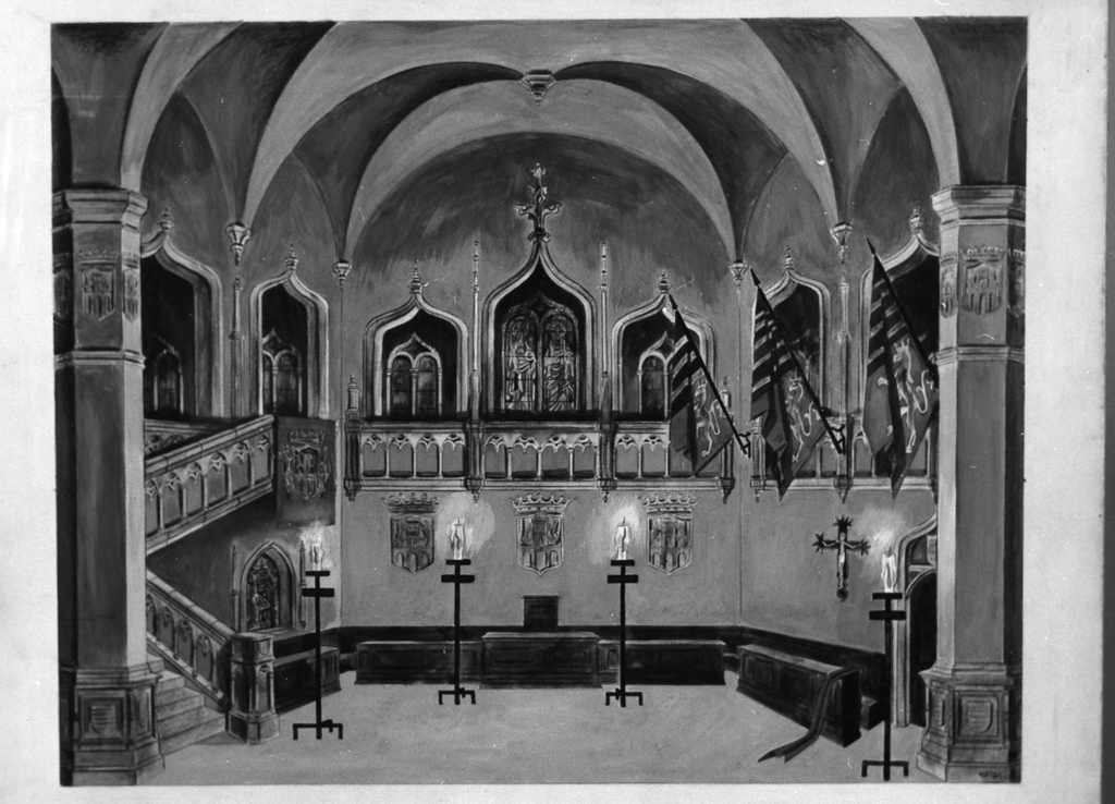 interno di una cappella (dipinto) di Pompei Mario (sec. XX)