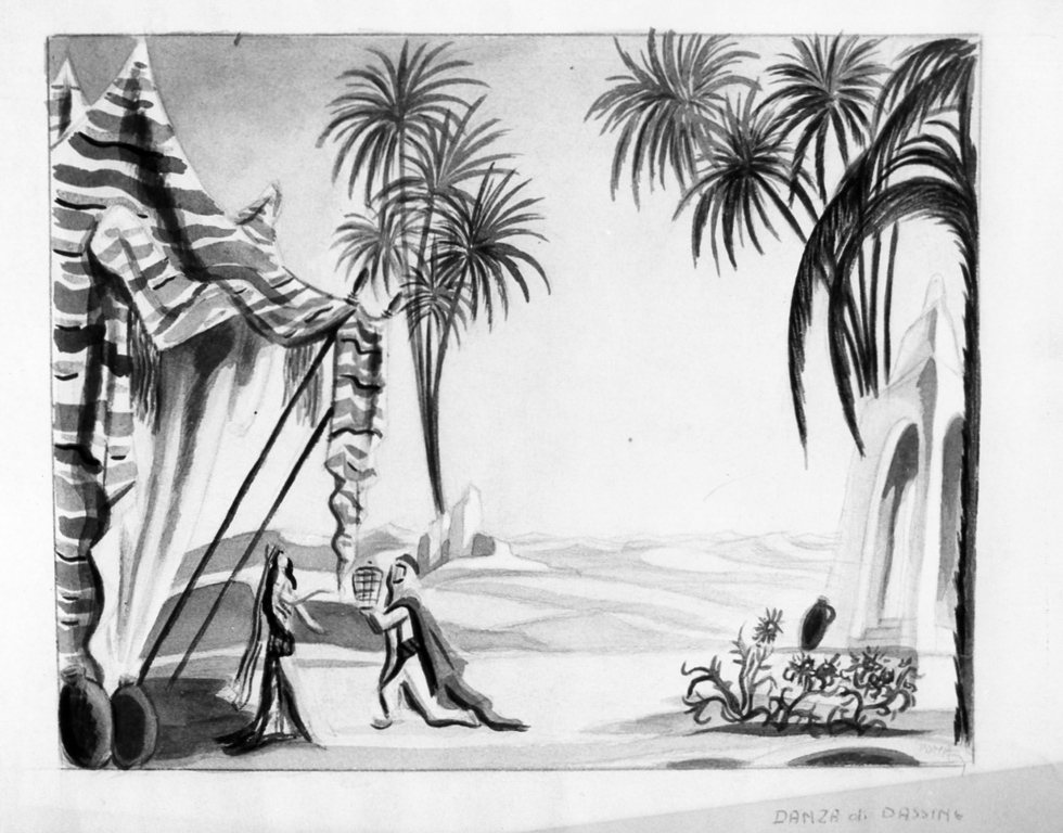 veduta di una spiaggia con palme e tende (bozzetto per scenografia) di Pompei Mario (sec. XX)