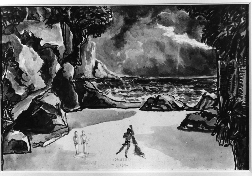 spiaggia fra le rocce (dipinto) di Sensani Gino Carlo (sec. XX)