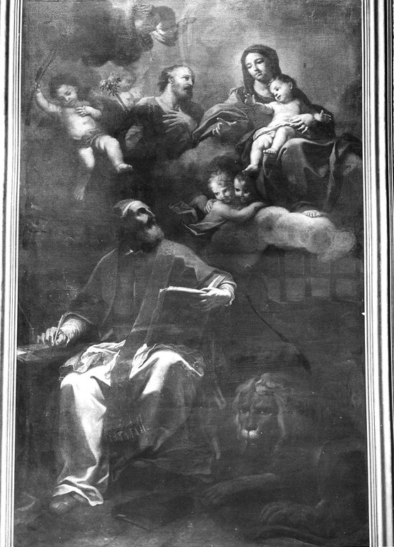Apparizione della Sacra Famiglia a San Marcello papa in carcere (dipinto) di Garzi Luigi (sec. XVIII)