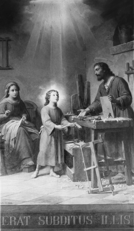 Giuseppe con Gesù Bambino e Maria nella sua bottega di falegname (dipinto) di Gagliardi Giovanni (sec. XIX)