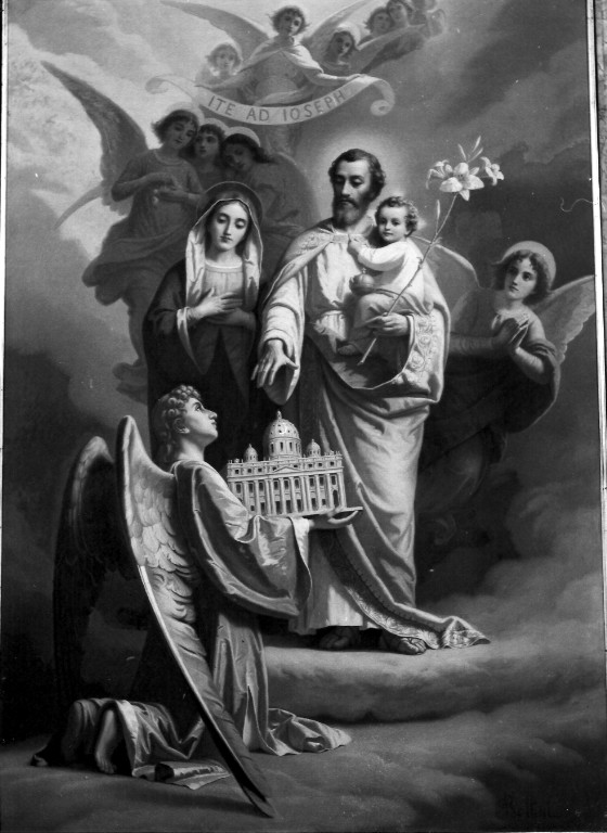 Sacra Famiglia con angelo che sorregge il modellino della basilica di S. Pietro (dipinto) di Rollini G (attribuito) (fine sec. XIX)