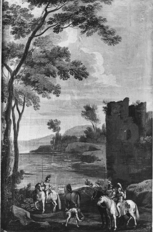 Paesaggio con cavalieri (dipinto) di Dughet Gaspard detto Pussino, Allegrini Francesco (sec. XVII)