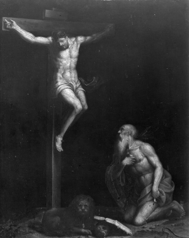 san Girolamo in preghiera davanti a Cristo crocifisso (dipinto) - ambito romano (seconda metà sec. XVI)