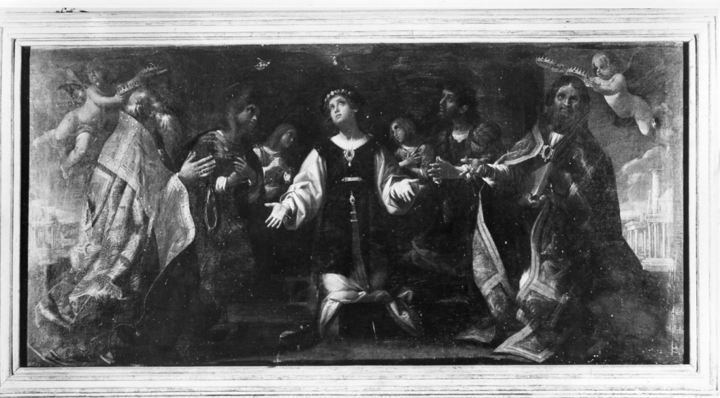 cinque santi protettori della chiesa incoronati dagli angeli (dipinto) di Baglione Giovanni (sec. XVII)