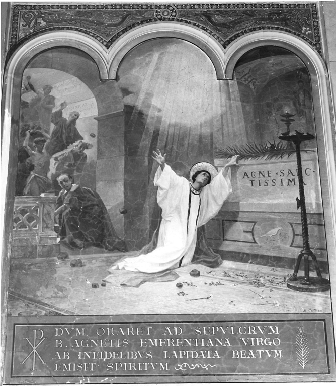 Sant'Emerenziana lapidata mentre prega sulla tomba della sorella Sant'Agnese (dipinto, pendant) di Cisterna Eugenio (sec. XIX)