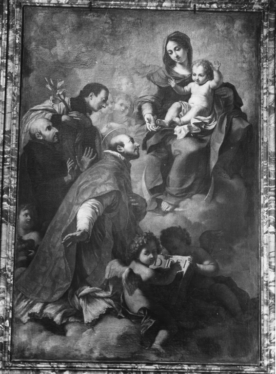 La Vergine col Bambino adorata dai santi Ignazio di Loyola, Francesco Borgia e Luigi Gonzaga (dipinto) di Mazzanti Ludovico (sec. XVIII)