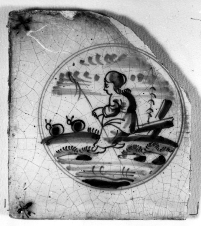 pastorella in un paesaggio (mattonella) - manifattura di Delft (primo quarto sec. XVIII)