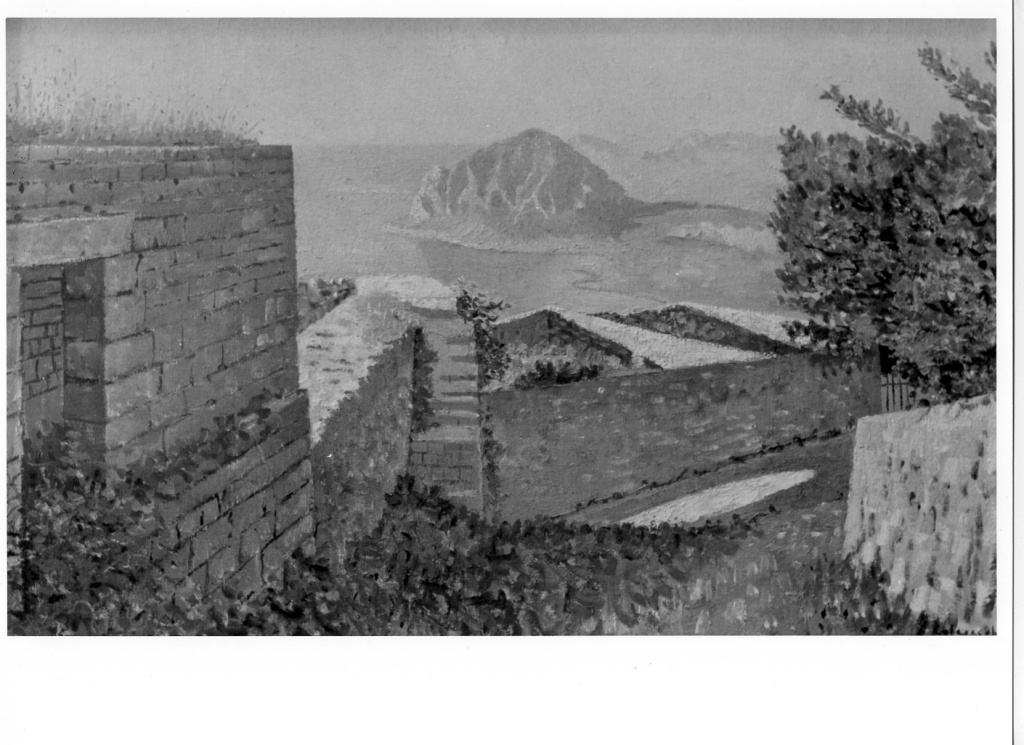 Le Mura Normanne di Erici, paesaggio con architetture (dipinto) di Colacicci Giovanni (secondo quarto sec. XX)