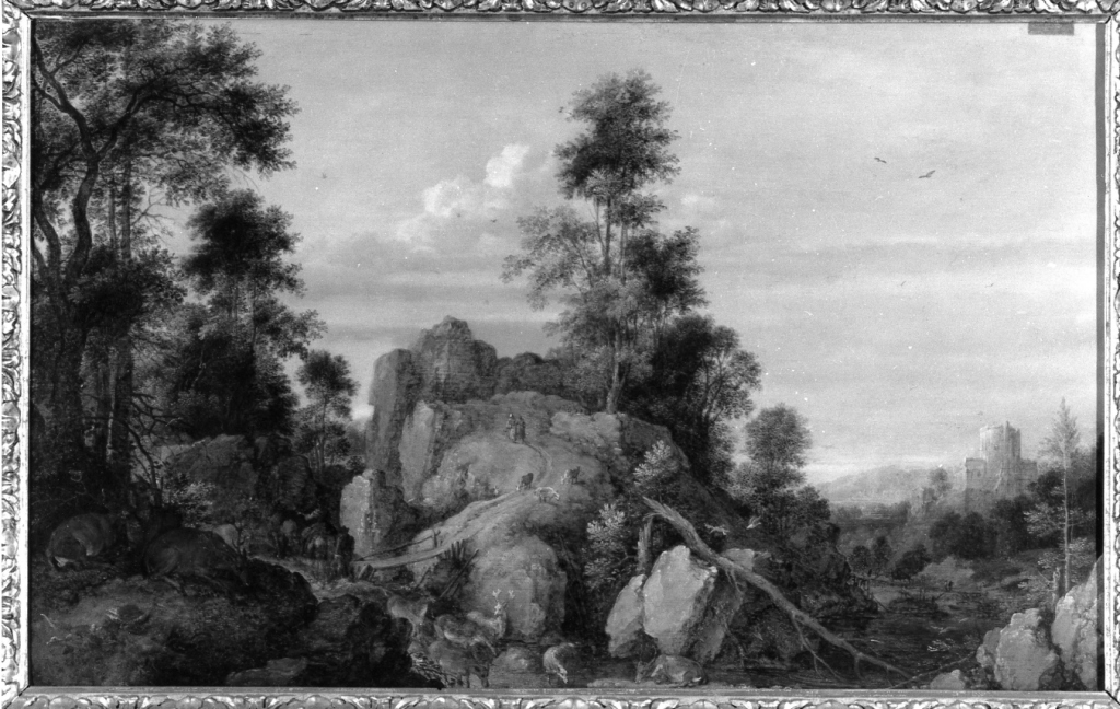 paesaggio con figure (dipinto) di Hondecoeter De Gillisz Gysbert (secondo quarto sec. XVII)