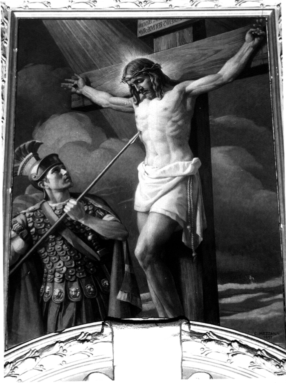 Longino trafigge il fianco di Cristo con la lancia (dipinto) di Mezzana Corrado (sec. XX)