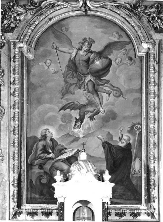 San Michele Arcangelo combatte il drago tra San Giovanni Evangelista e Sant'Agostino (dipinto) - ambito laziale (sec. XVIII)