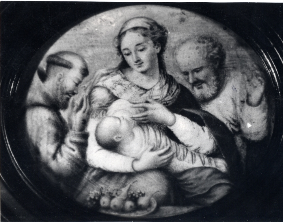 Sacra Famiglia con San Francesco in adorazione (dipinto) - ambito romano (sec. XVII)