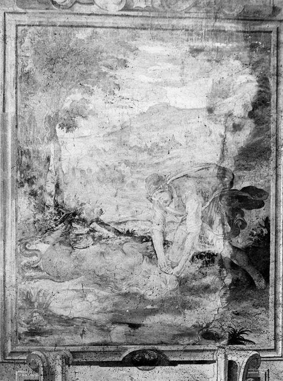 Sansone trova uno sciame d'api nella bocca del leone (dipinto) - ambito romano (inizio sec. XVII)