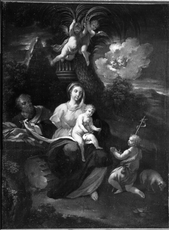 Sacra Famiglia (dietro una foto "Sacra Fam. Riposo dalla fuga in Egitto"), Sacra Famiglia (dipinto) - ambito romano (sec. XVIII)