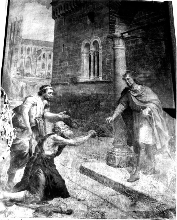 Sant'Edoardo dona il suo anello a San Giovanni Evangelista vestitio da mendicante (dipinto) di Mariani A (sec. XIX)