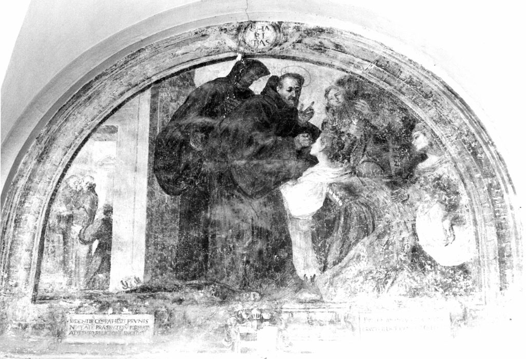 San Francesco di Paola guarisce Giulia Catalano dalla cecità; San Francesco di Paola conferma nella fede un presbitero dubbioso, tenendo in mano i carboni ardenti (dipinto) - ambito romano (sec. XVII)