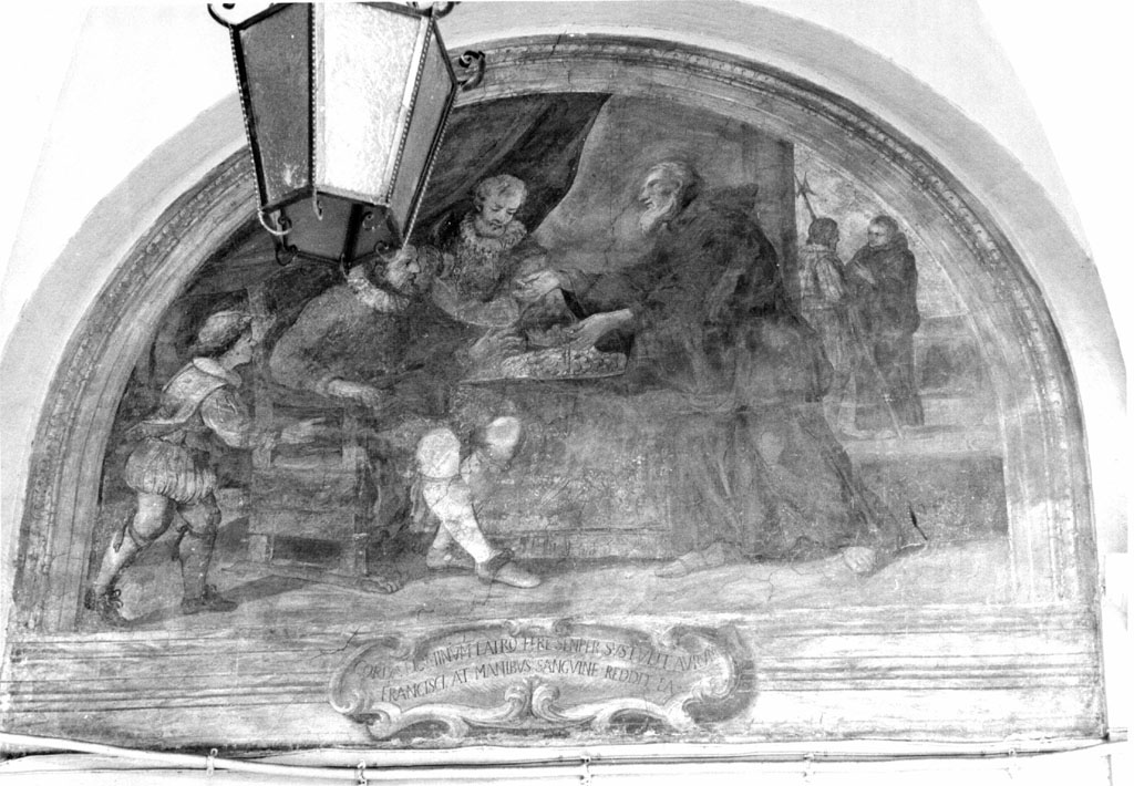 San Francesco di Paola fa sgorgare sangue dalla moneta davanti al re Ferrante di Napoli (dipinto) di Marini Pasquale Andrea - ambito romano (sec. XVII)
