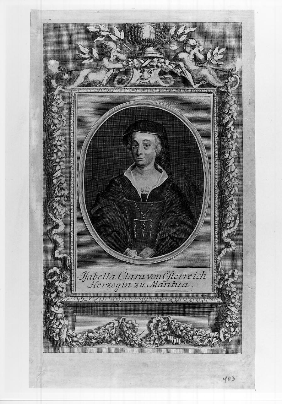 Isabella Clara d'Austria, moglie di Carlo II Gonzaga-Nevers, reggente dei ducati di Mantova e Monferrato dal 1665 al 1670, per conto del figlio Ferdinando Carlo Gonzaga-Nevers (m. 1685) (stampa, serie) - ambito europeo (sec. XVII)