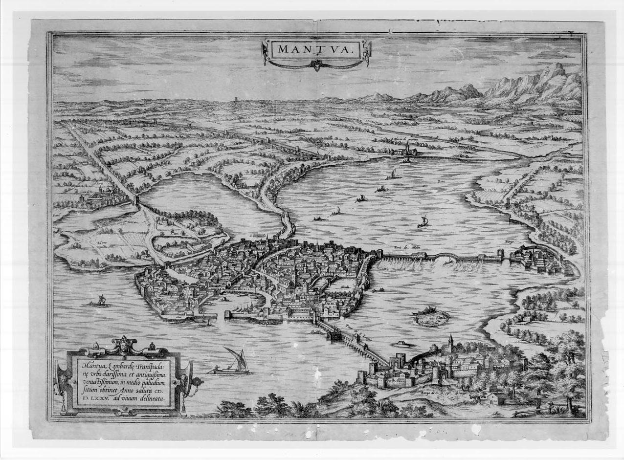 Veduta prospettica a volo d'uccello di Mantova e dei dintorni (stampa, serie) di Hogenberg Franz (sec. XVI)