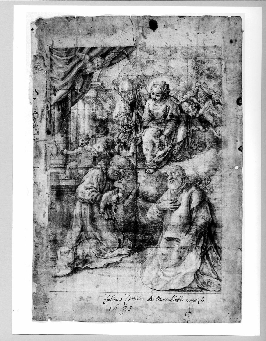 Madonna con Bambino con Sant'Anna, San Felice da Cantalice, San Filippo Neri (disegno) di Carsidoni Francesco (sec. XVII)