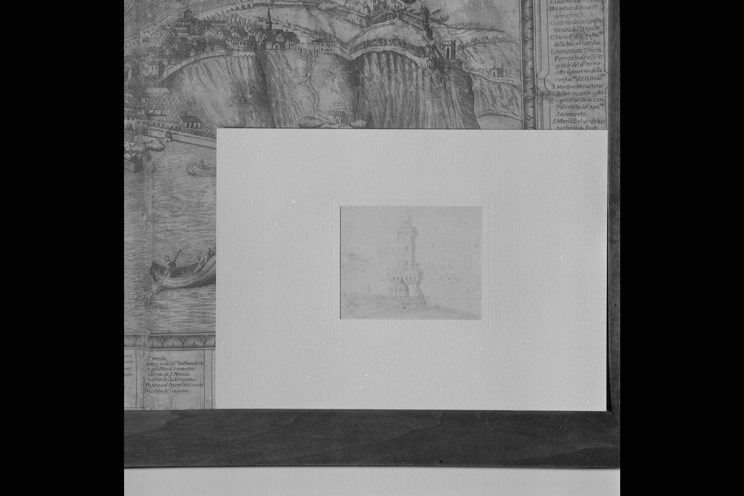 Ancona: il Faro sul colle dei Cappuccini, veduta di Ancona (disegno) di Boni Carlo Filippo (sec. XIX)