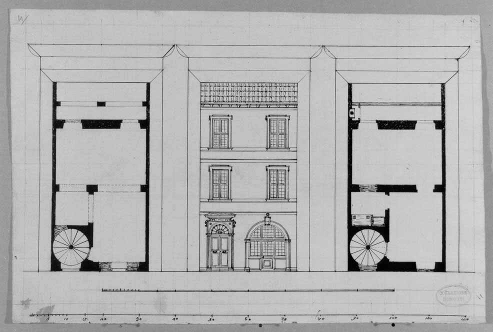 prospetto e pianta di un edificio (disegno) - ambito italiano (secc. XVIII/ XIX)