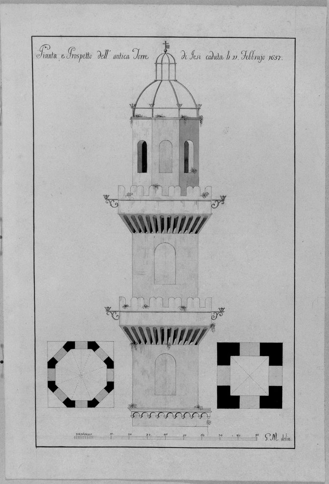 pianta e prospetto dell'antica torre di Jesi (disegno) di Marini Giuseppe (inizio sec. XIX)