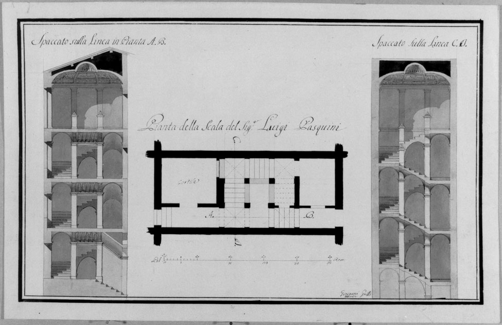 pianta e spaccato della scala di un palazzo (disegno) di Grilli Giovanni Nicola detto Grilli Giovanni di Belvedere di Jesi (sec. XIX)