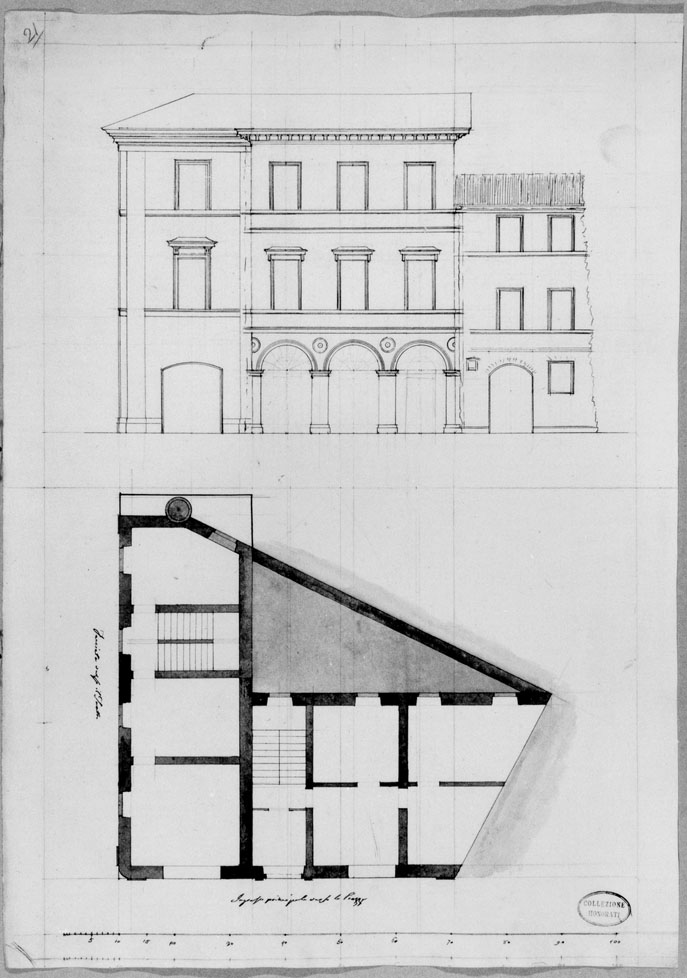 prospetto e pianta di edificio (disegno) di Honorati Gaudenzio (primo quarto sec. XIX)