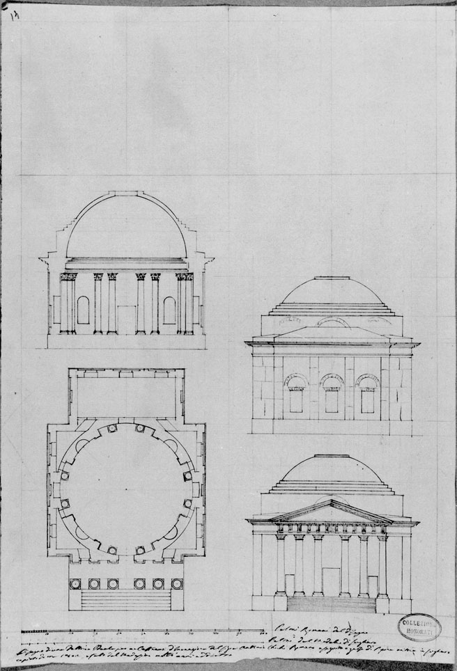 pianta prospetto e sezione di un edificio (disegno) di Honorati Gaudenzio (sec. XIX)