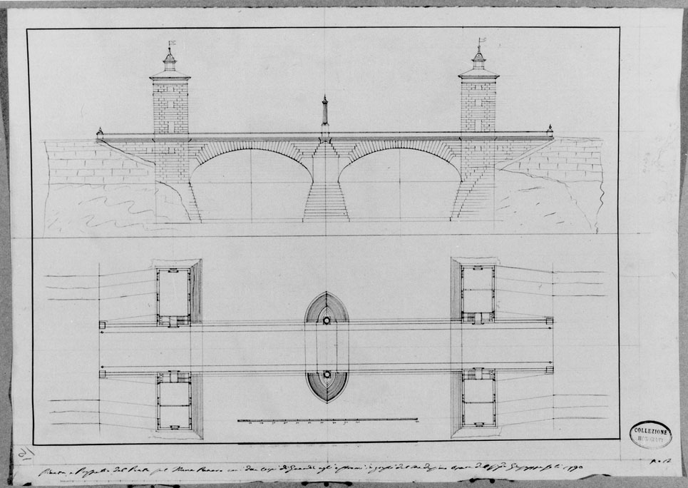 pianta e prospetto di un ponte (disegno) di Soli Giuseppe Maria (sec. XVIII)