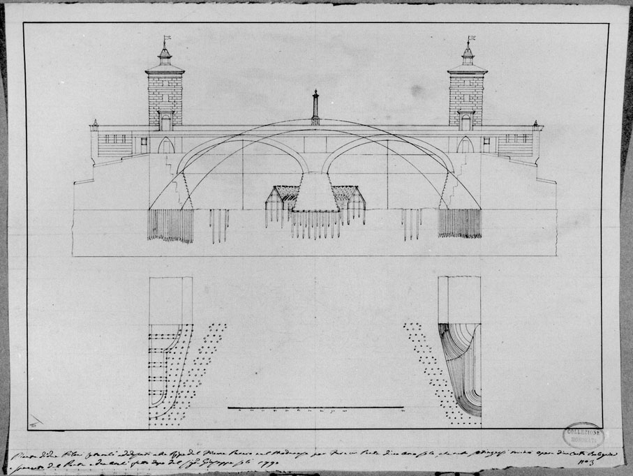 pianta e prospetto di un ponte (disegno) di Soli Giuseppe Maria (sec. XVIII)
