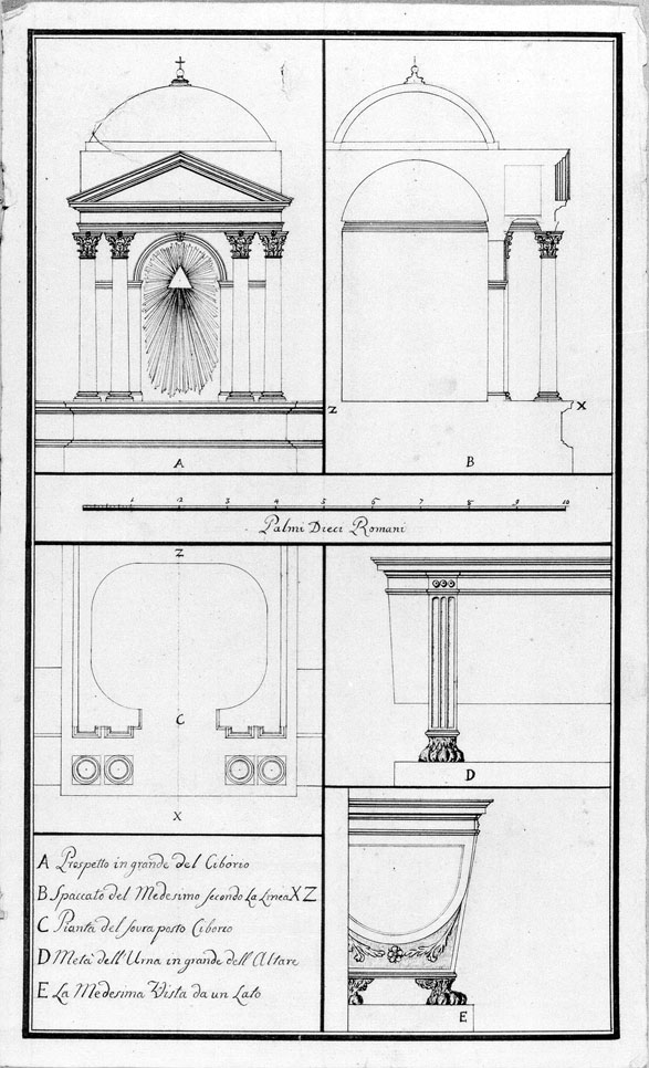 prospetto sezione e pianta di un tabernacolo e prospetto di una mensa d'altare (disegno) - ambito italiano (fine/inizio secc. XVIII/ XIX)