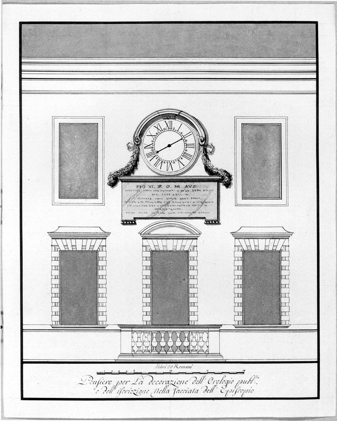 facciata di episcopio con orologio (disegno) - ambito italiano (primo quarto sec. XIX)