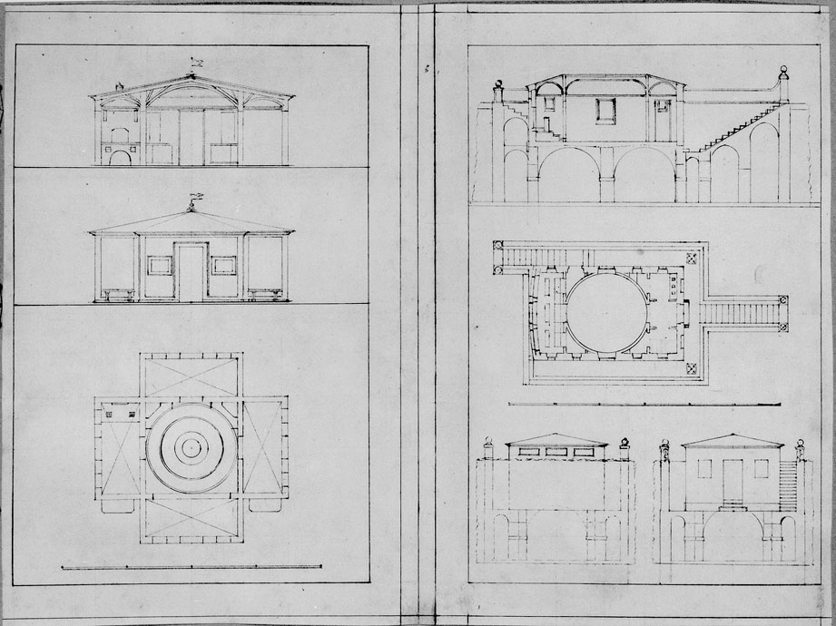 pianta prospetto e sezione di due edifici (disegno) - ambito italiano (fine/inizio secc. XVIII/ XIX)
