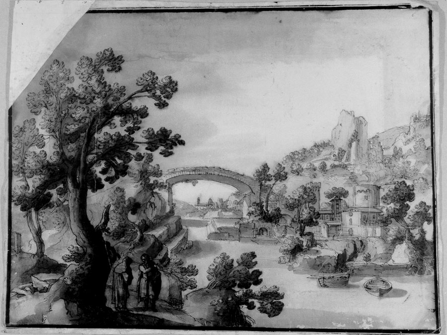 paesaggio con figure (disegno) - ambito italiano (fine/inizio secc. XVIII/ XIX)
