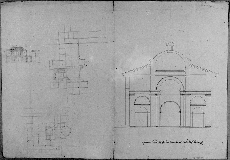 spaccato e piante della chiesa dei Pavalotti di Viterbo (disegno) - ambito italiano (seconda metà sec. XVIII)