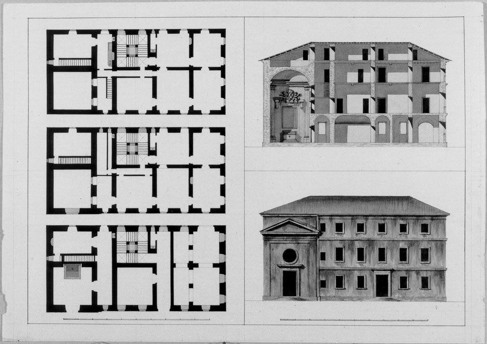 piante prospetto e sezione di un edificio con chiesa (disegno) - ambito italiano (seconda metà sec. XVIII)