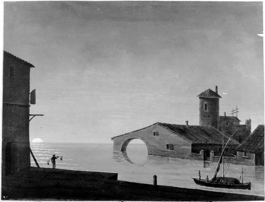 marina con edifici e barche (disegno) di Honorati Carlo (attribuito) (prima metà sec. XIX)